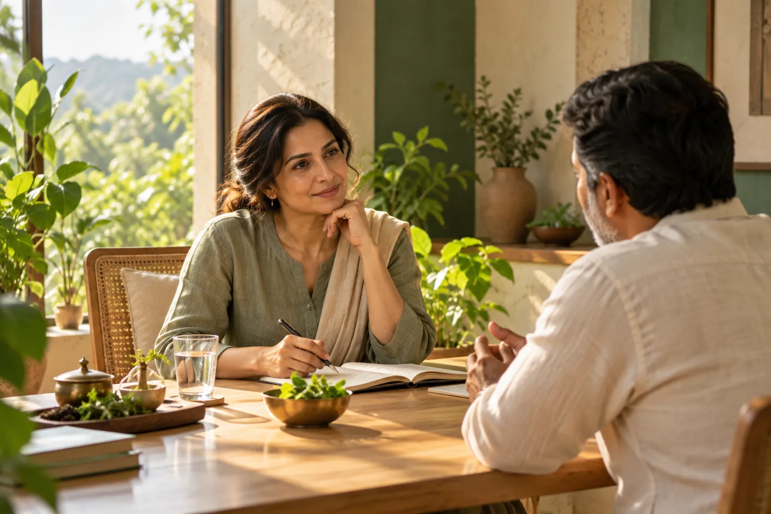 A wellness coach listening to a client across a wooden table during a consultation