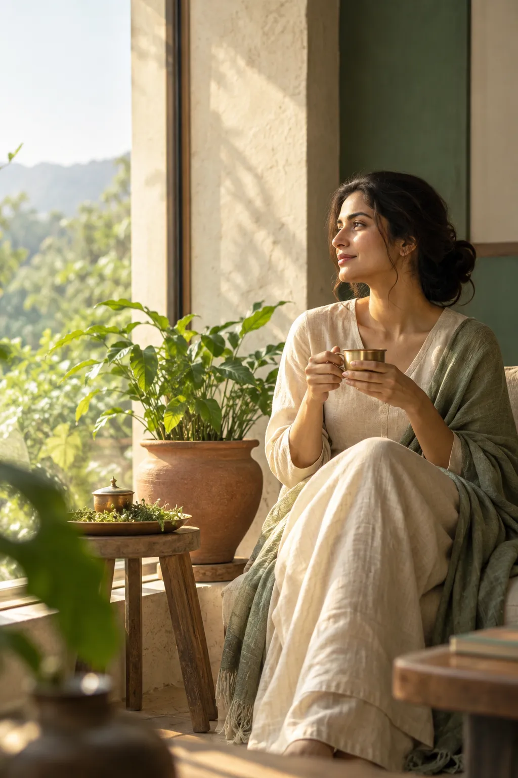 A woman in a linen kurta holding a brass cup of herbal tea beside a sunlit window