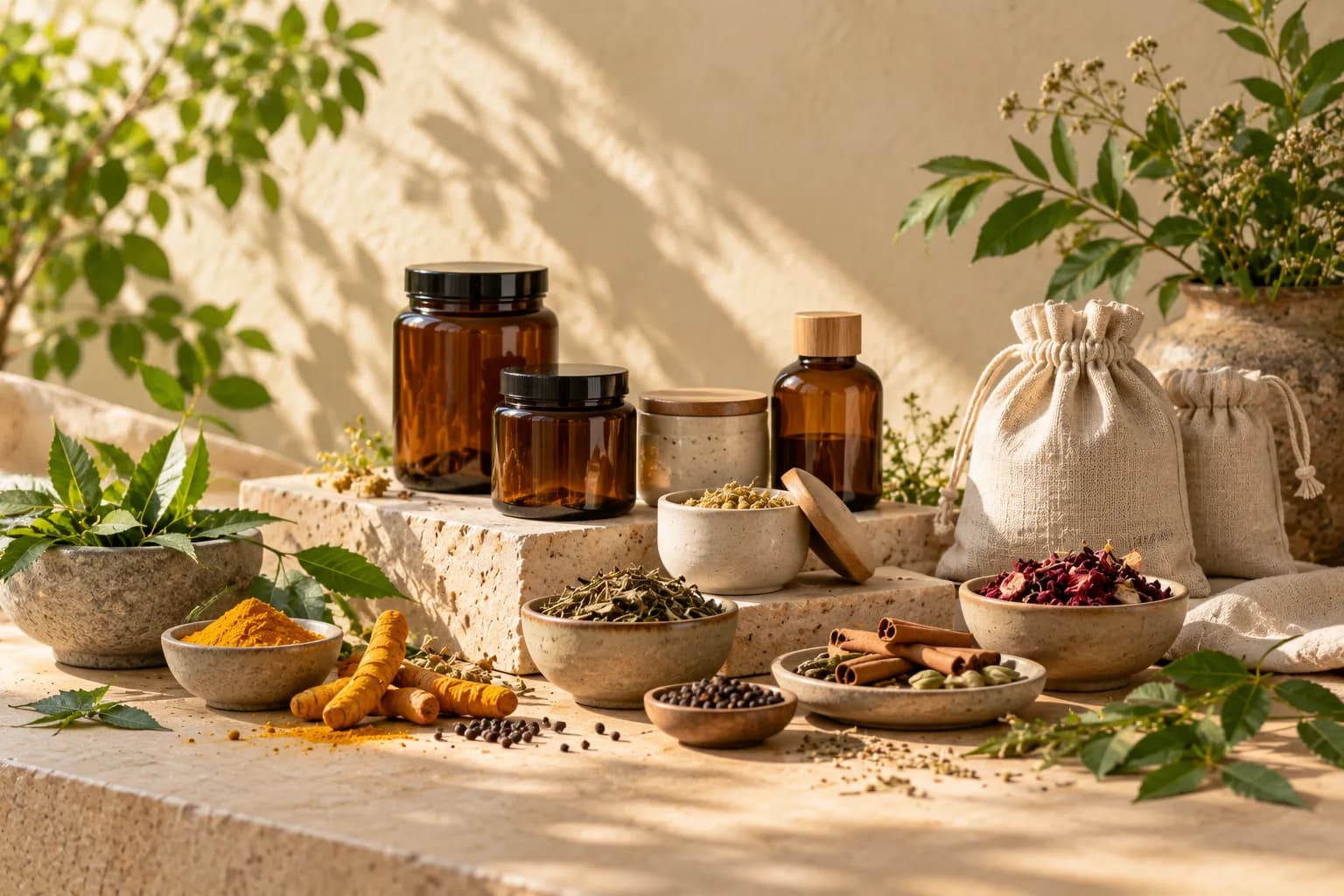 Unlabelled amber glass jars and linen pouches with dried herbs on a stone plinth